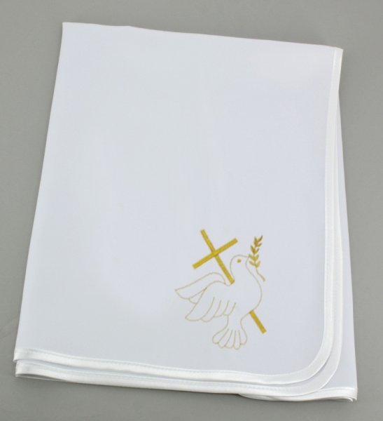 linge blanc de baptême croix et colombe fil or