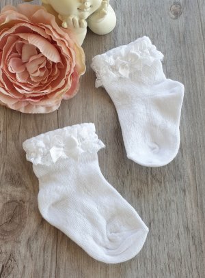 Blanc Volants Bébé chaussettes avec RUBAN GUIPURE Pearl ROSEBUD Trim taille 0-3 mois 