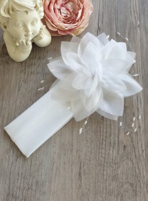 bandeau de baptême bébé Fleur large blanche et pas cher