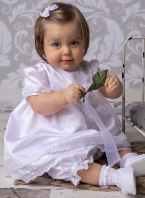 Robe De Bapteme Avec Culotte Bloomer Satin Blanc Pour Bebe Fille