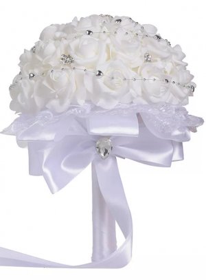 Bouquet Mariée roses blanches artificiel et bijoux strass