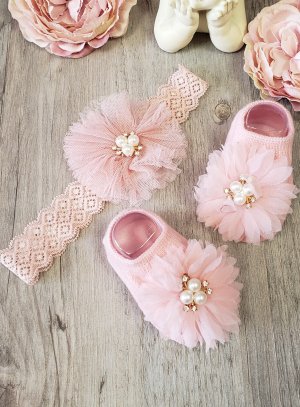 Chaussettes / chaussons + bandeau assortis pour baptême ou cérémonie bébé fille rose