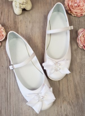 Chaussures de cérémonie pour fille Ballerine lanière + fleurs ruban et perles