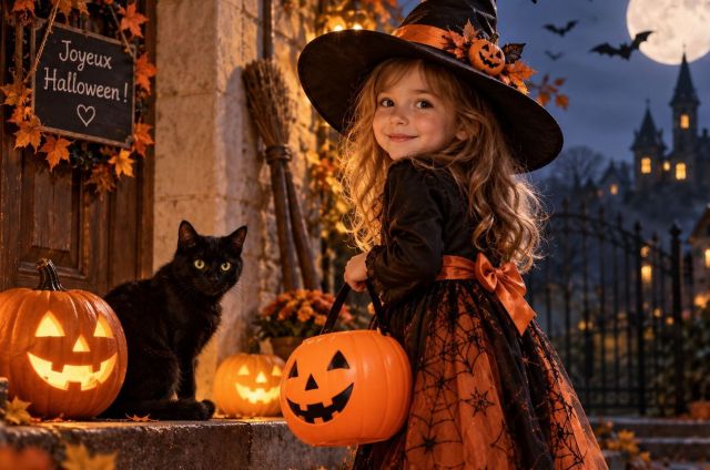 Petite fille en robe de sorcière chic pour Halloween