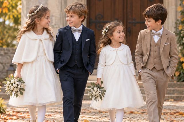 Enfants en tenues de cérémonie pour un mariage ou baptême en automne