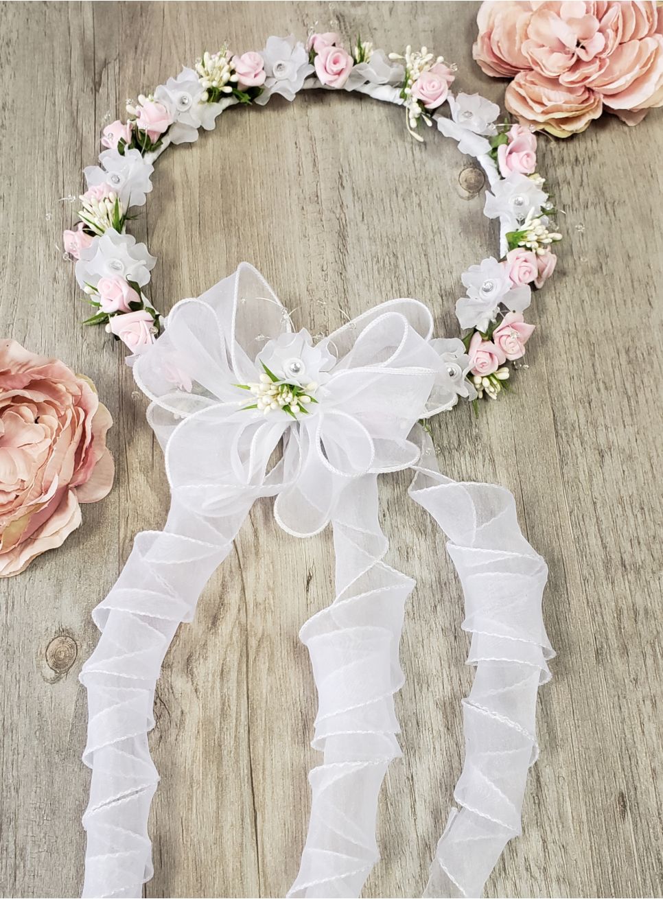 Couronne De Fleurs Pour Cheveux - Lot De 2 Avec Roses, Perles Et Ruban Beige Et Rose - Idéale Pour Mariages, Fêtes Et Cadeaux - 2