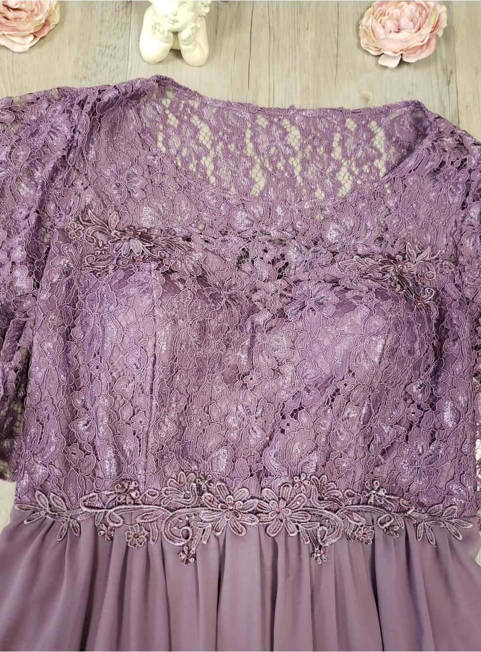 Robe 2 Pièces Cachet Grande Taille 16W - Mauve, Fausse Dentelle Métallisée, Manches Courtes, Neuf Avec étiquettes