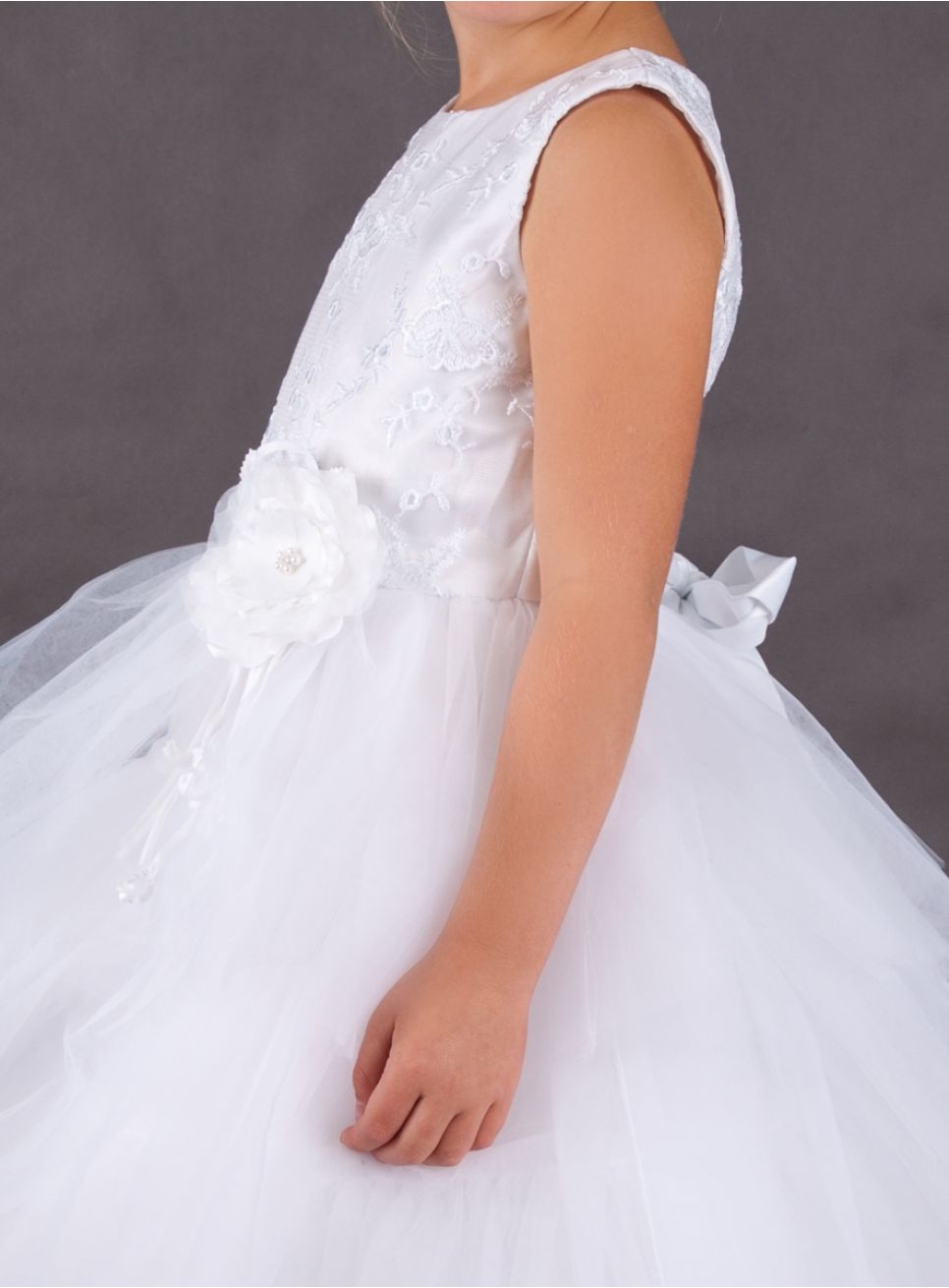 Robe De Soirée Fille GB Blanche à Motifs Floraux Superposés - Taille 14, Genoux, Manches Courtes, Fermeture éclair