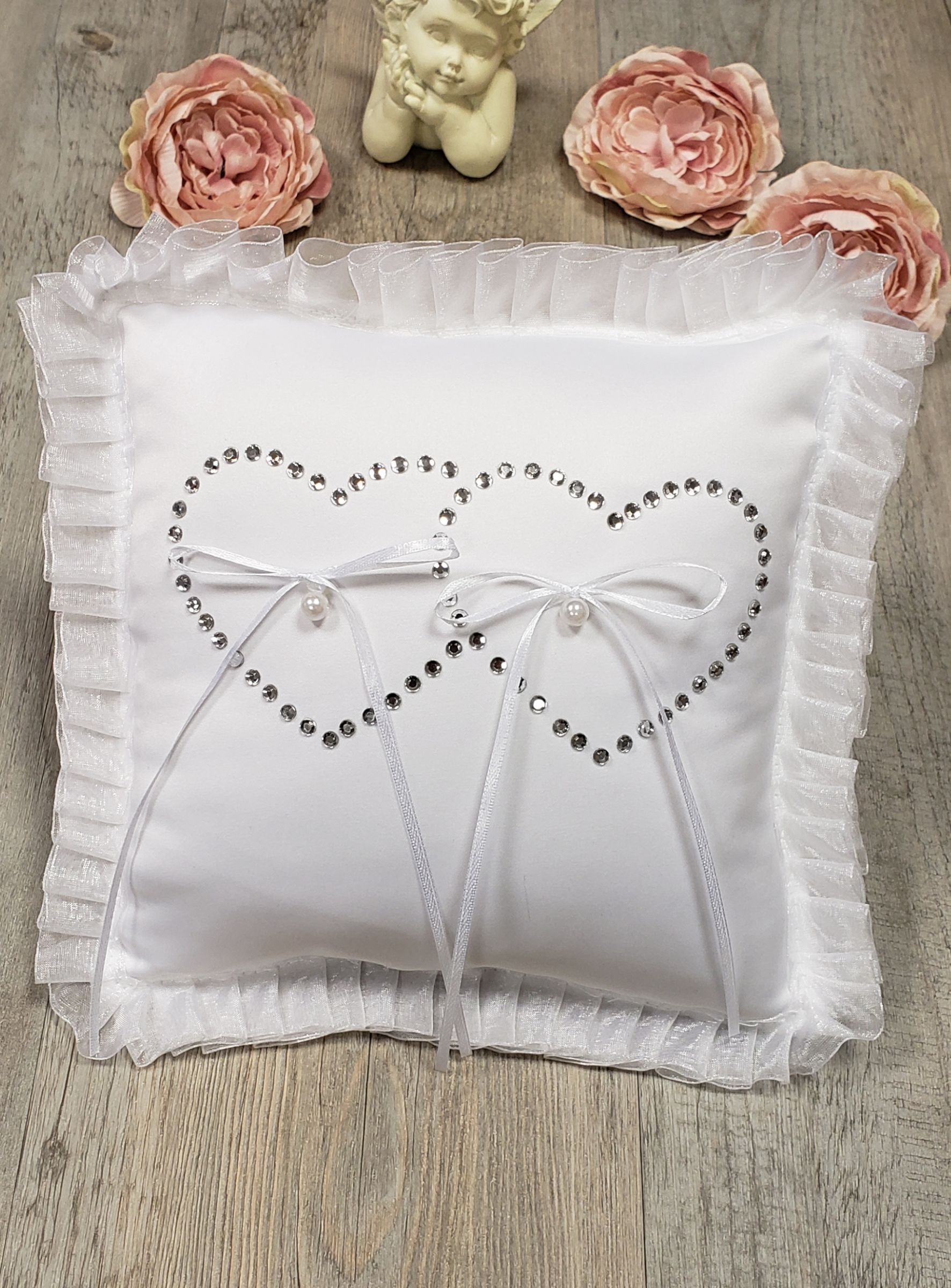 Oreiller Anneau Coussin Pour Bague En Satin Avec Strass Double Cœur - 10x10cm Blanc Pour Mariage
