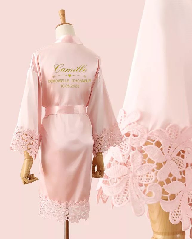 Robe De Soirée Mariage En Satin Personnalisable - Kimono Pyjama Demoiselle D'Honneur Avec Nom Brodée