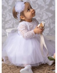 Robe baptême bébé blanche manches longues dentelle et tulle paillette