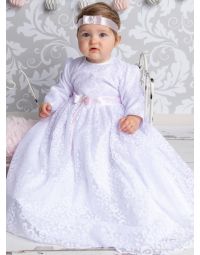 Robe de baptême manches longues coupe longue avec bandeau