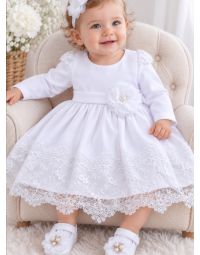 Robe baptême bébé fille manches longues blanche dentelle