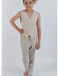 Tenue lin beige fille avec pantalon et gilet pour cérémonie