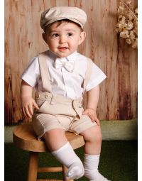 Tenue lin beige bébé petit garcon pour cérémonie mariage ou baptême champêtre été