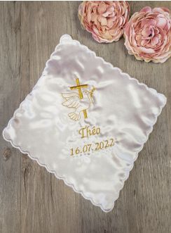 Mouchoir baptême satin blanc croix et colombe