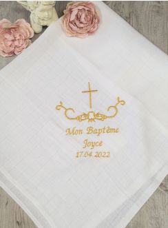 lange en coton blanc avec croix chrétienne et volute pour baptême fil doré métalisé