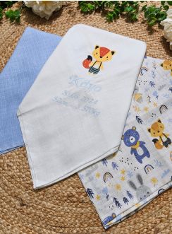 Set de 3 langes bébé – Thème Renard – Personnalisable pour naissance ou baptême