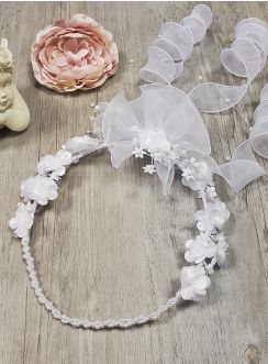 Couronne de communion pointe blanche perle ruban organza