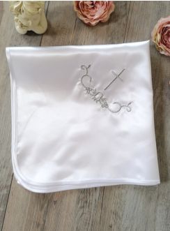Linge blanc baptême en satin brodé Croix et Volutes