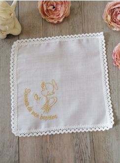 mouchoir baptême coton blanc broderie ange doré