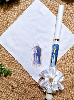 Set de baptême personnalisé avec cierge et mouchoir Sainte Vierge
