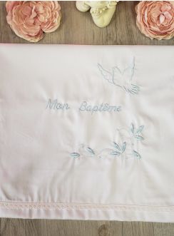 Tissu baptême blanc broderie mon baptême bleu