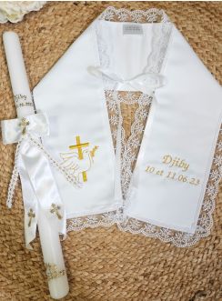 Coffret Baptême étole dentelle + bougie - Personnalisable