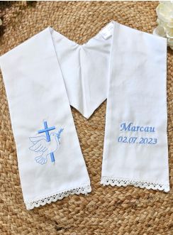 étole de baptême coton et dentelle avec broderie et personnalisable