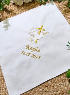 Mouchoir baptême blanc " Croix et Colombe " personnalisable