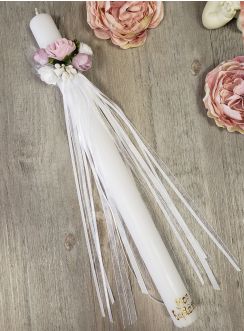 cierge de Baptême avec fleurs et ruban - Personnalisable