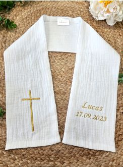 étole baptême bébé coton gaze personnalisée blanc