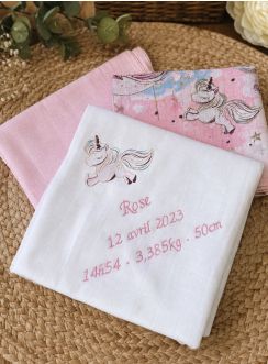 Lange bébé blanc Licorne personnalisé par broderie prénom et naissance