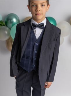 Costume garçon mariage gilet écossais bleu marine 5 pièces