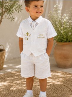 tenue de baptême croix et colombe avec personnalisation sur lin blanc