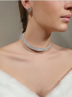 Parure de soirée collier ras du cou + boucles strass