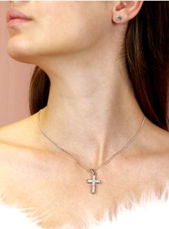 croix catholique en strass sur chaine avec clous 6mm Bijoux mariage communion gris argent