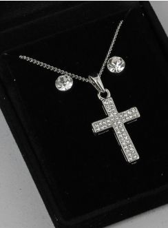 Collier pendentif croix catholique et boucles d'oreilles strass Gris argent