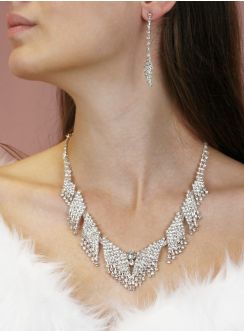 Parure bijou soirée argenté avec boucles d'oreilles et strass