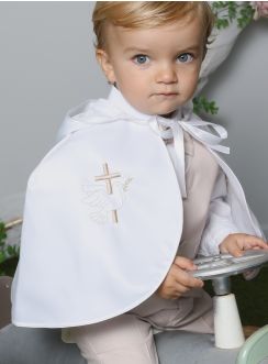 Cape de baptême blanche pou bébé en satin avec capuche blanc bébé