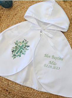 Cape baptême bébé "Croix Chrétienne Fleurie" 
