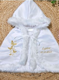 Cape Baptême Papillons satin et fourrure