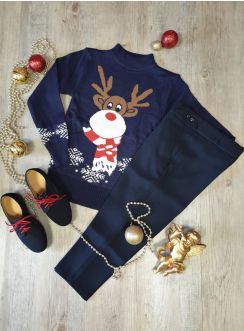 Tenue de Noël Garçon Renne bleu marine