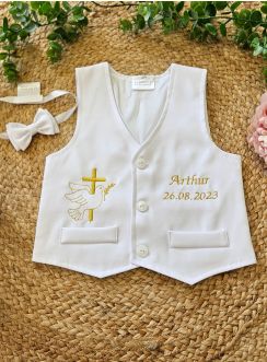 Gilet garçon baptême + noeud papillon brodé Croix et Colombe - Perosnnalisable