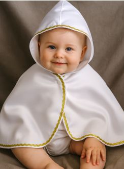Cape baptême / communion  satin blanc et galon doré avec capuche