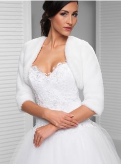 boléro mariage fourrure manches 3/4 blanc poils raz