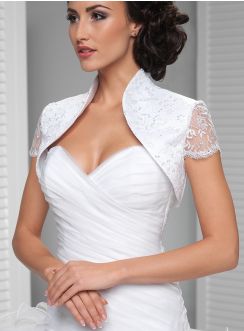 Boléro de mariée tulle brodé doublé satin et manches courtes blanc