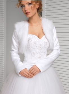 boléro mariage fourrure satin manches longues blanc