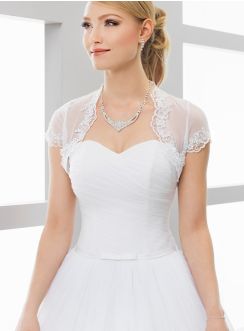 Boléro mariée court mousseline dentelle manches courtes blanc