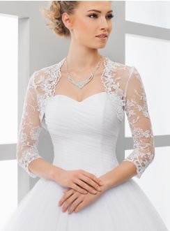 Boléro femme brodé et dentelle manches 3/4 blanc